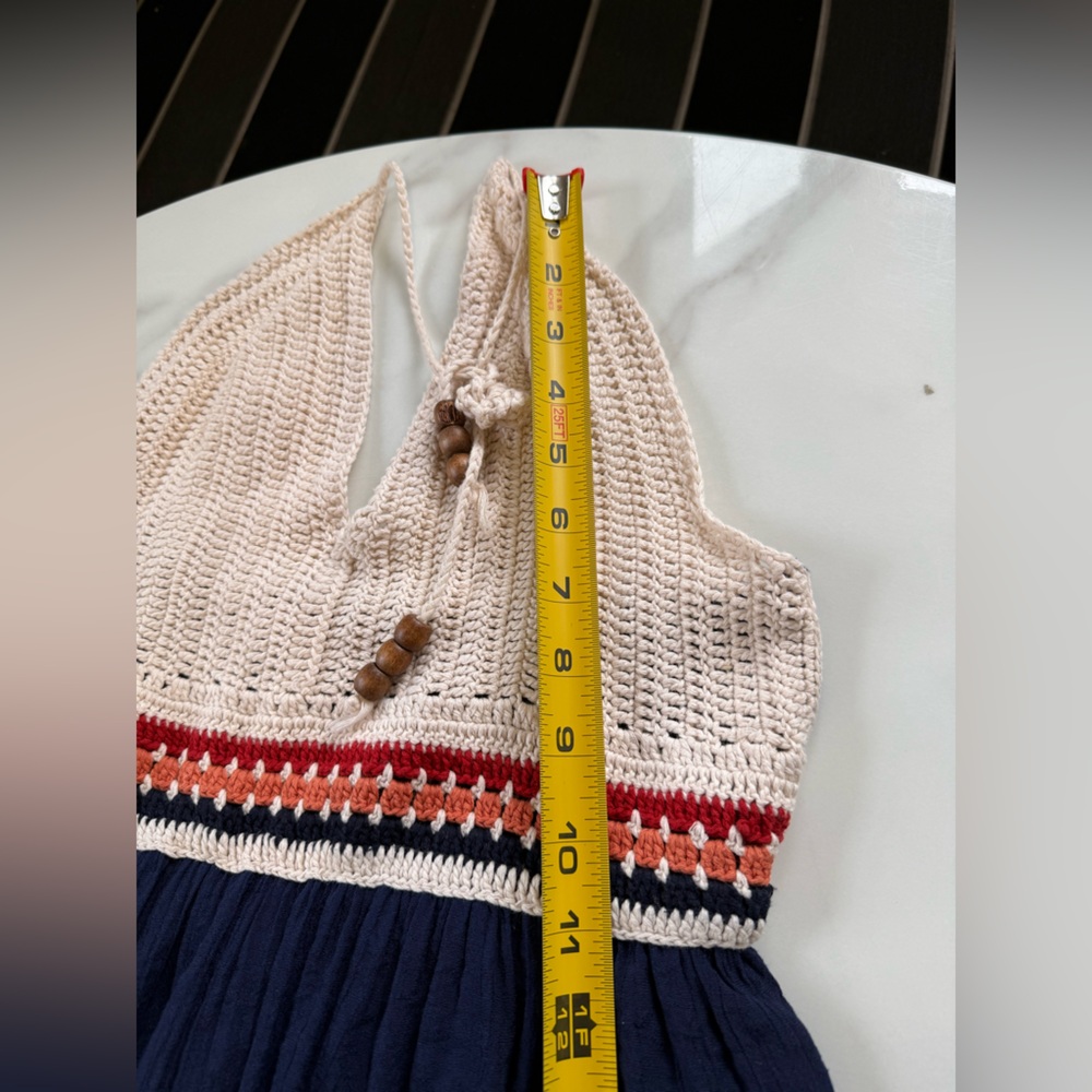 Speechless Navy Dress with Crochet Cream Bodice and Striped Waist - Picture 12 of 13